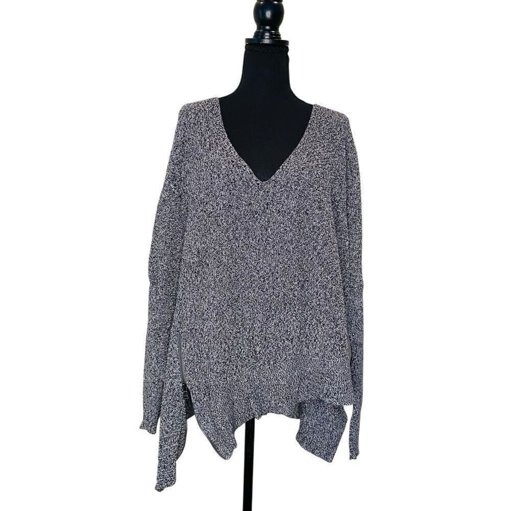 Express V-Neck Zippered Slit Oversized High-Low Pullover Sweater Gray Large